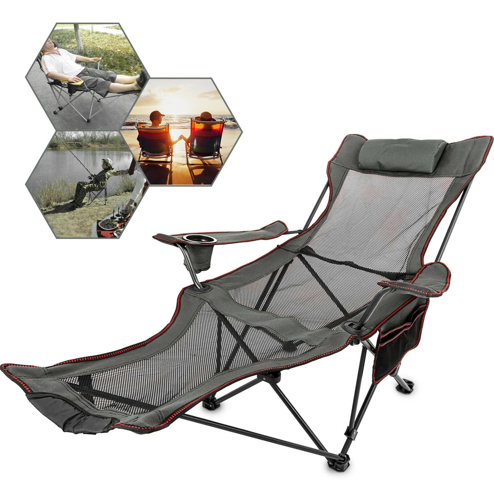 VEVOR Reclining Folding Camping Chair with Footrest Portable Nap Chair for Outdoor Camping Fishing Foldable Beach Lounge Chair