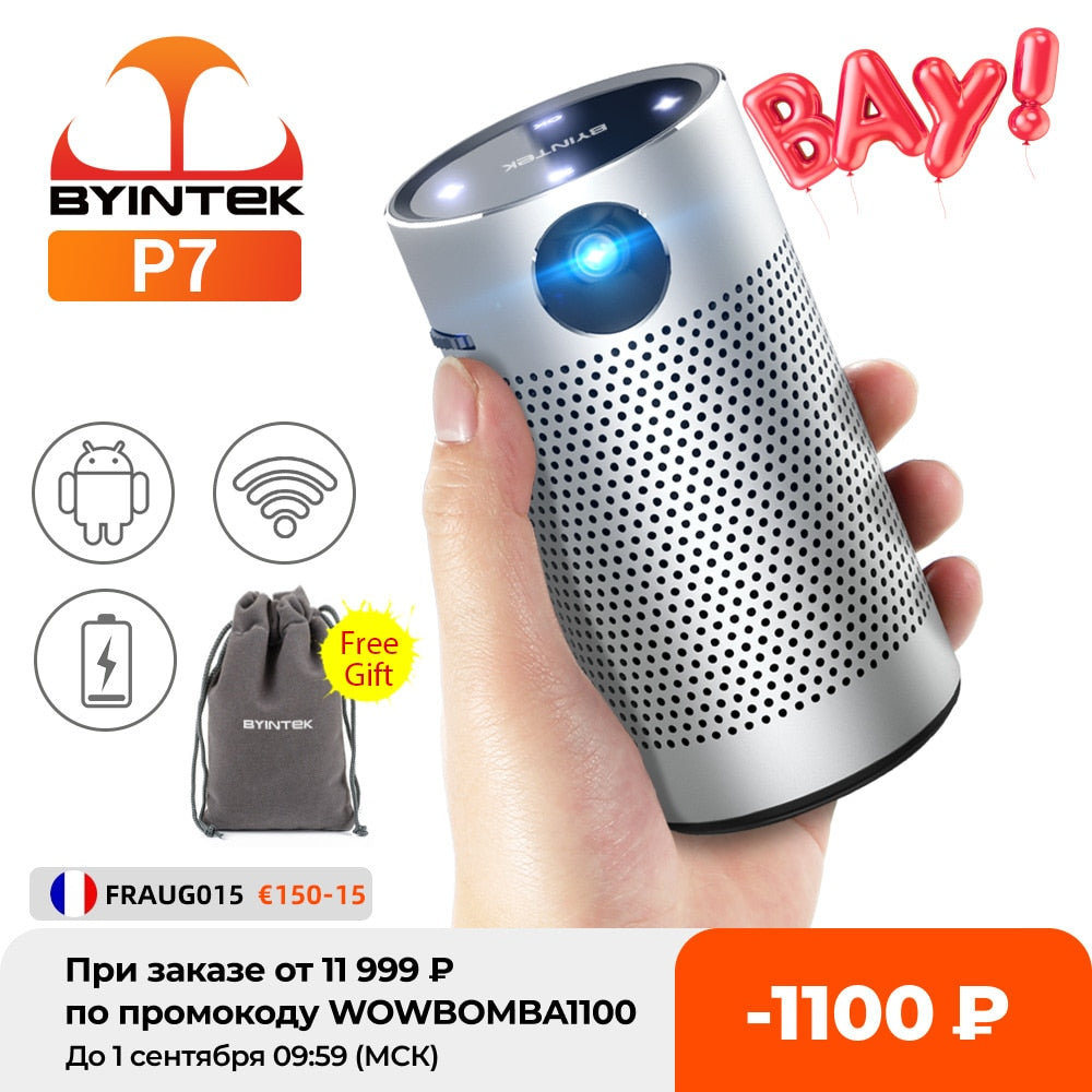 BYINTEK P7 Pocket Portable Pico Smart Android Wifi 1080P 4K TV LAsEr Mini LED Home Theater DLP Projector for Smartphone